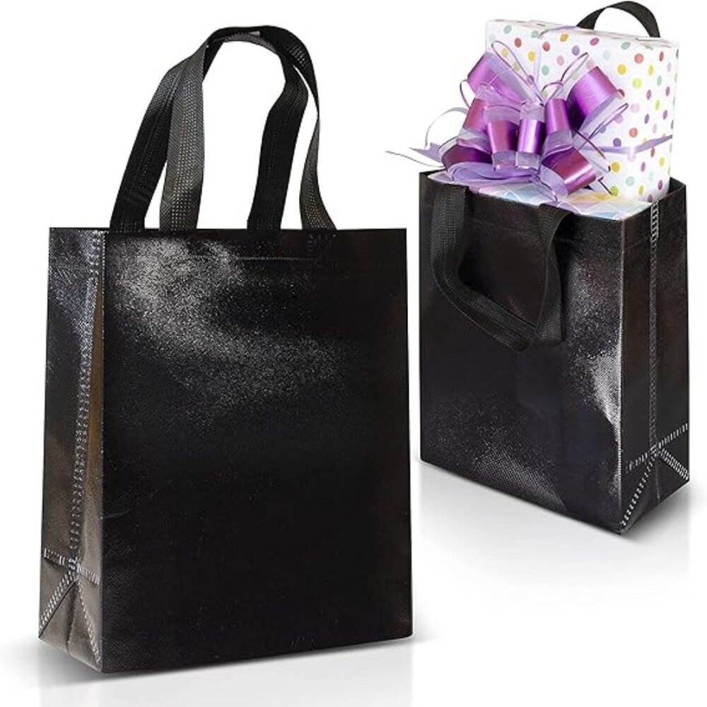 Gift Bags Medium Size– Set of 12 Shiny Black Reusable Gift Bags With Handles